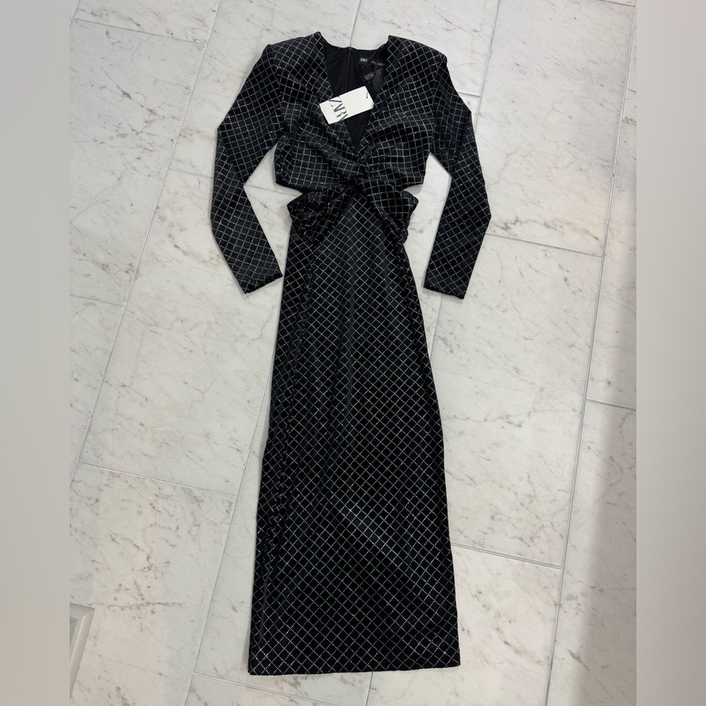 NEW ZARA BLACK SHIMMERY VELVET LONG DRESS SIZE SMALL MIDI LENGTH Style 0387/157